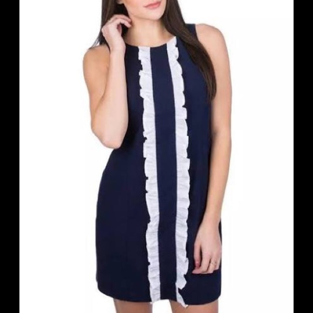 NWT Lauren James navy Seersucker ruffle dress